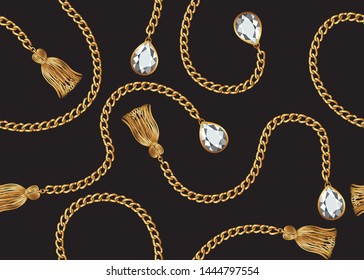 Seamless Golden Chain Pattern with Crystal and Fringe Ornament, Vector Design