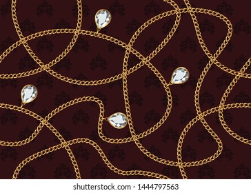 Seamless Golden Chain Pattern with Crystal Ornament, Vector Design