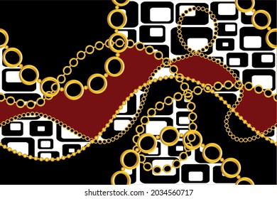 Seamless Golden Chain Pattern on Black White. Vector Illustration.
