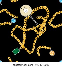 Seamless golden chain with vintage clock, gemstone, blue topaz, citrine and green sapphire on black background. Endless pattern with beautiful precious jewellery. Vintage luxury background concept svg