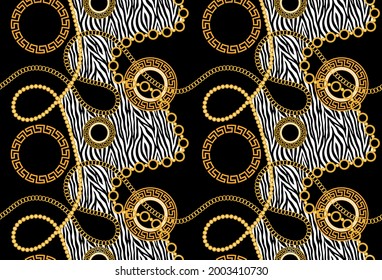 Seamless golden chain with zebra pattern on a black background. EPS10 Illustration.