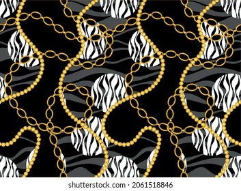 Seamless Golden Chains with Abstract Pattern on Black. Vector Illustration.