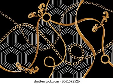 Seamless Golden Chains with Abstract Pattern on Black. Vector Illustration.