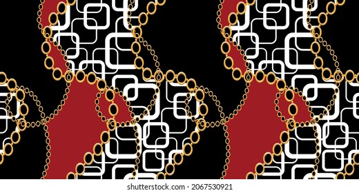 Seamless Golden Chains with Abstract Pattern on Black.  Vector design for fashion prints and backgrounds.
