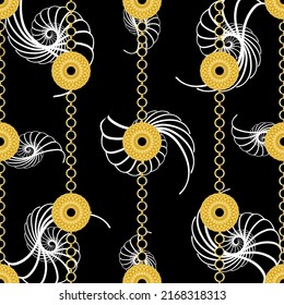 Seamless golden chains with abstract pattern on black.  Vector Illustration.