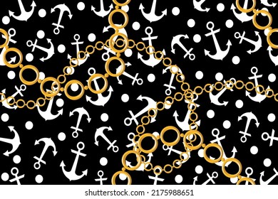 Seamless golden chains with anchor pattern. Vector Illustration.