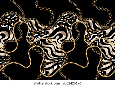 Seamless Golden Chains with Animal skin Pattern. Vector design for fashion prints and backgrounds.