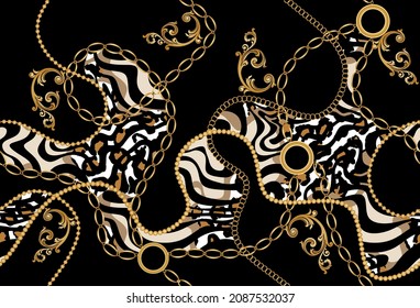 Seamless Golden Chains with Animal skin Pattern. Vector design for fashion prints and backgrounds.
