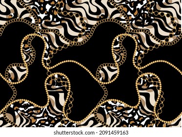 Seamless Golden Chains, Animal skin Pattern. Vector design for fashion prints and background.