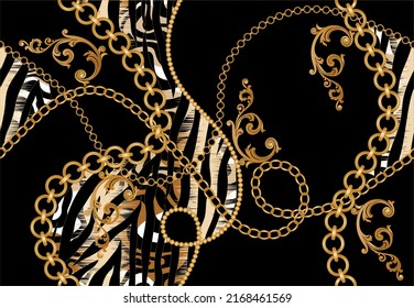 Seamless golden chains with animal skin pattern on black. Vector Illustration.