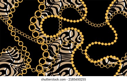 Seamless golden chains with animal skin pattern. Vector Illustration.