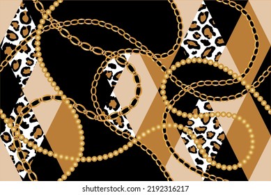 Seamless golden chains with animal skin pattern. Vector Illustration.
