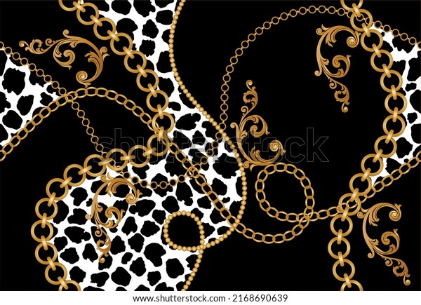 Seamless golden chains with animal skin pattern on black. Vector Illustration. Black and white wallpaper for walls. 