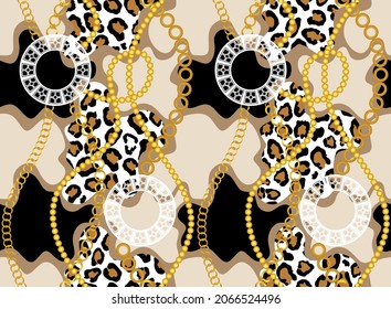 Seamless Golden Chains, Baroque with Leopard skin Pattern. Vector design for fashion prints and backgrounds.
