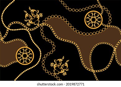 Seamless golden chains with baroque pattern on a black. Vector Illustration.