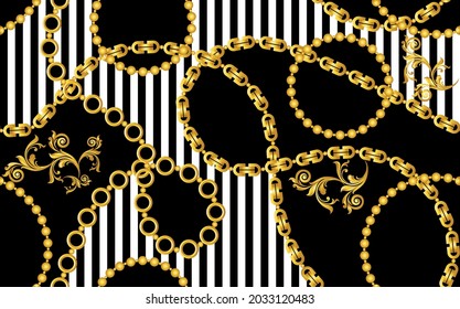 Seamless Golden Chains with Baroque Pattern on Black. Vector Illustration.
