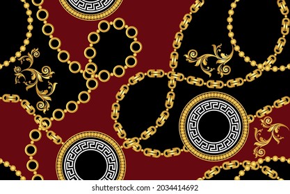 Seamless Golden Chains with Baroque Pattern on Black. Vector Illustration.