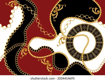 Seamless Golden Chains with Baroque Pattern on Black. Vector Illustration.