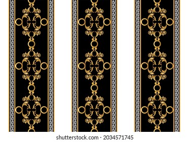 Seamless Golden Chains with Baroque Pattern on Black. Vector Illustration.