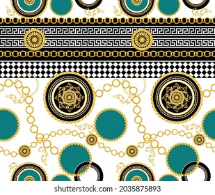 Seamless Golden Chains with Baroque Pattern on White. Vector Illustration.
