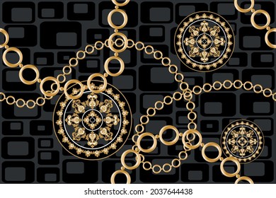 Seamless Golden Chains with Baroque Pattern on Black. Vector Illustration.
