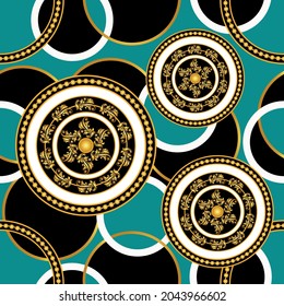 Seamless Golden Chains with Baroque Pattern on Green. Vector Illustration.
