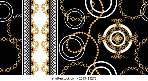 Seamless Golden Chains, Baroque Pattern on Black. Vector design for fashion prints and backgrounds.
