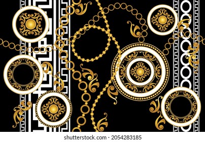 Seamless Golden Chains, Baroque Pattern on Black. Vector design for fashion prints and backgrounds.
