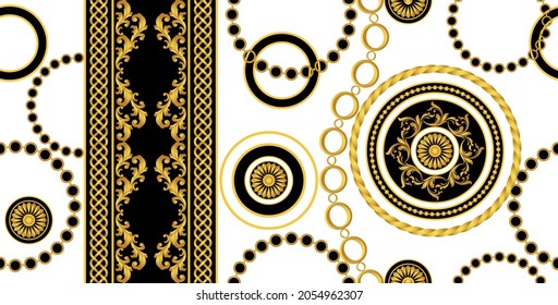 Seamless Golden Chains, Baroque Pattern on White. Vector design for fashion prints and backgrounds.
