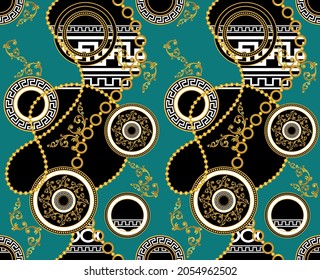 Seamless Golden Chains, Baroque Pattern on Black. Vector design for fashion prints and backgrounds.
