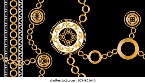 Seamless Golden Chains, Baroque Pattern on Black. Vector design for fashion prints and backgrounds.
