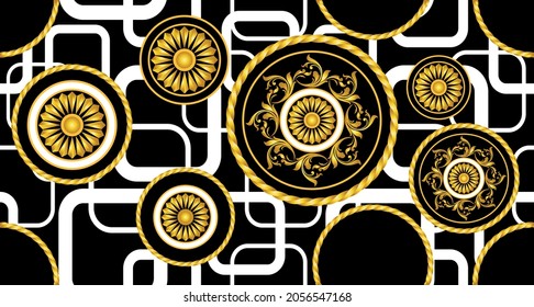 Seamless Golden Chains, Baroque Pattern on Black. Vector design for fashion prints and backgrounds.
