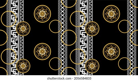 Seamless Golden Chains, Baroque Pattern on Black. Vector design for fashion prints and backgrounds.
