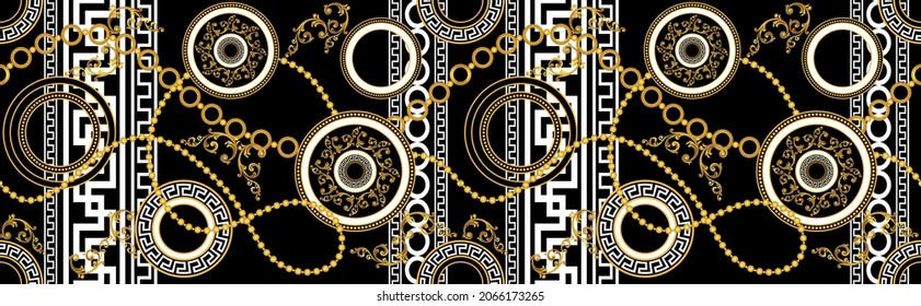 Seamless Golden Chains, Baroque Pattern on Black.  Vector design for fashion prints and backgrounds.
