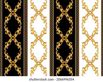 Seamless Golden Chains, Baroque Pattern on Black.  Vector design for fashion prints and backgrounds.
