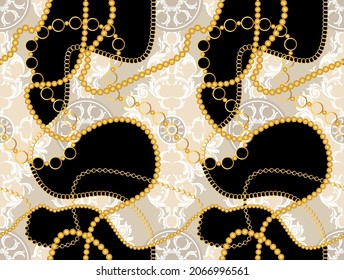 Nahtlose goldene Ketten, barocke Muster auf Schwarz.  Vektordesign für Modedrucke und Hintergründe.
