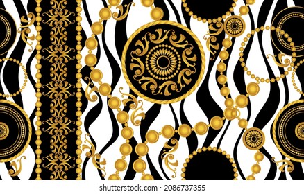 Seamless Golden Chains with Baroque Pattern. Vector design for fashion prints and backgrounds.