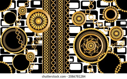 Seamless Golden Chains with Baroque Pattern. Vector design for fashion prints and backgrounds.