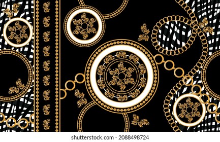 Seamless Golden Chains with Baroque Pattern. Vector design for fashion prints and backgrounds.