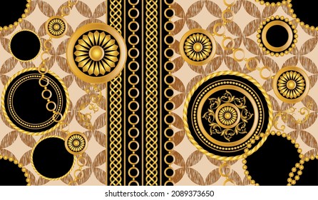 Seamless Golden Chains with Baroque Pattern. Vector design for fashion prints and backgrounds.