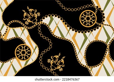 Seamless golden chains with baroque pattern. Vector Illustration.