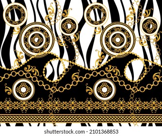 Seamless Golden Chains with Floral Baroque Pattern. Vector Illustration.