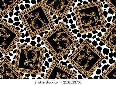 Seamless golden chains with floral baroque pattern. Vector Illustration.