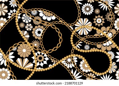 Seamless golden chains with floral pattern. Vector Illustration.