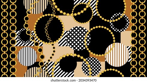 Seamless Golden Chains with Geometric pattern on Black. Vector Illustration.
