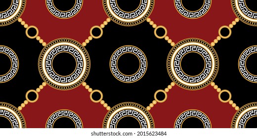 Seamless golden chains with greek pattern on a black. Vector Illustration.