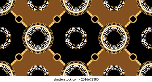 Seamless golden chains with greek pattern on a black. Vector Illustration.