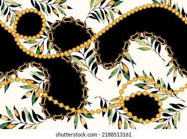 Seamless golden chains with leaves pattern. Vector Illustration.