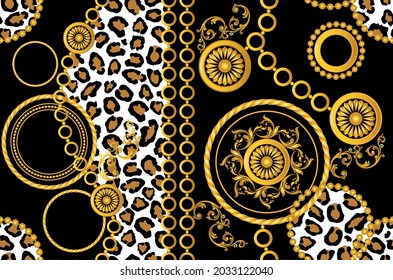 Seamless Golden Chains, Leopard with Baroque Pattern on Black. Vector Illustration.
