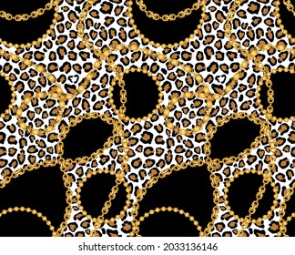 Seamless Golden Chains, Leopard with Baroque Pattern on Black. Vector Illustration.
